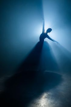Ballet dancer in tutu performing, dancing on stage. Ballerina practices on floor in dark studio with smoke. Neon light. High quality photo