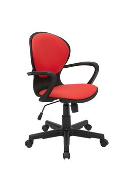 red office fabric armchair on wheels isolated on white background, side view. modern furniture, interior, home design