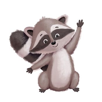 Funny cute cartoon raccoon waving hand. Hand drawn illustration of small raccoon character isolated on white