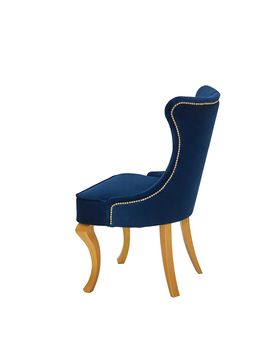 blue fabric chair in vintage style with yellow legs and golden edging isolated on white background, side view. retro furniture in classical style, interior, home design