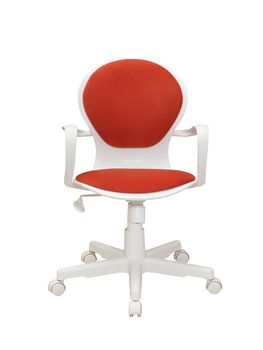 red office fabric armchair on wheels isolated on white background, front view. modern furniture, interior, home design