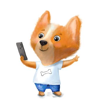 Cute dog corgi taking selfie. Animal character puppy in jeans and T-shirt with phone in hand. Hand drawn illustration isolated on white