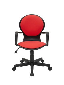 red office fabric armchair on wheels isolated on white background, front view. modern furniture, interior, home design