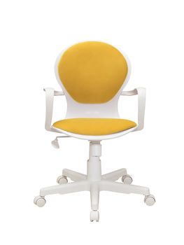 yellow office fabric armchair on wheels isolated on white background, front view. modern furniture, interior, home design