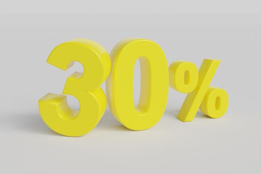 30% off on sale. Thirty percent 3D render yellow font isolated over white background with shadow and reflection. Clipping path included.