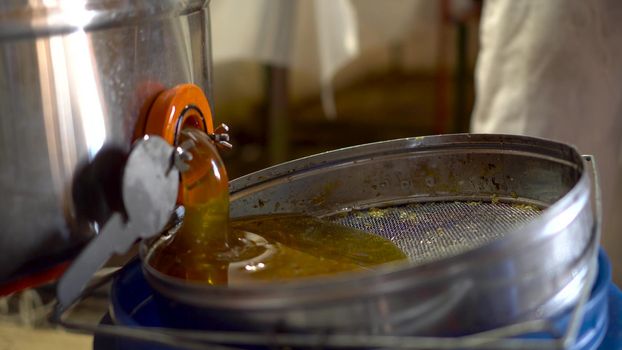 The beekeeper opens the tap with honey. Honey is filtered through a sieve after extraction. 4k