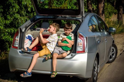 Two happy children boy and his brother sitting together in a car trunk. Cheerful kids hugging each other in family vehicle luggage compartment. Weekend travel and holidays concept.