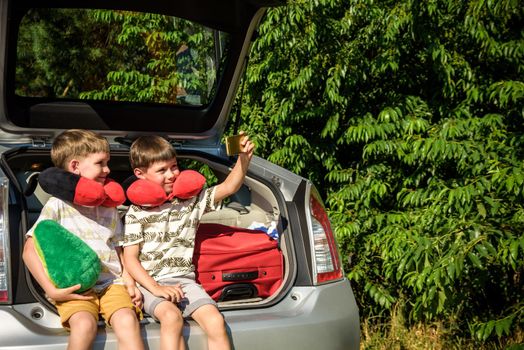 Two adorable little kids boy sitting in car trunk just before leaving for summer vacation. Sibling brothers making selfie on smartphone. Happy family going on long journey.