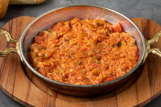 Traditional turkish breakfast food menemen made by eggs and tomatoes
