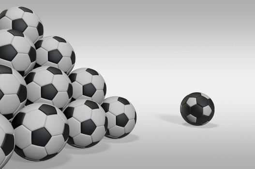 Black cue ball in front of a pile of classic soccer balls in 3D illustration