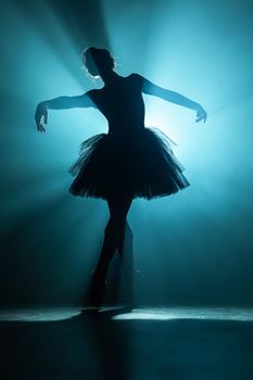 Ballet dancer in tutu performing, dancing on stage. Ballerina practices on floor in dark studio with smoke. Neon light. High quality photo