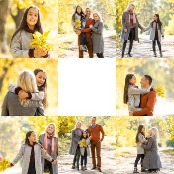 Collage with several photos of family outdoor at fall park. Happy and beautiful family at autumn season. Copy space. High quality photo