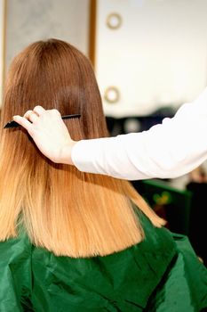 Back view of female hairdresser combing long hair of young blonde client in a beauty salon