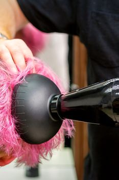 A male hairdresser professional drying stylish pink hair of the female client with a blow dryer in a beauty salon