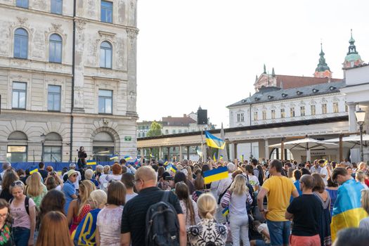 LJUBLJANA, SLOVENIA - August 24, 2022: Ukraine independence day meeting. People with flags and national symbols. High quality photo