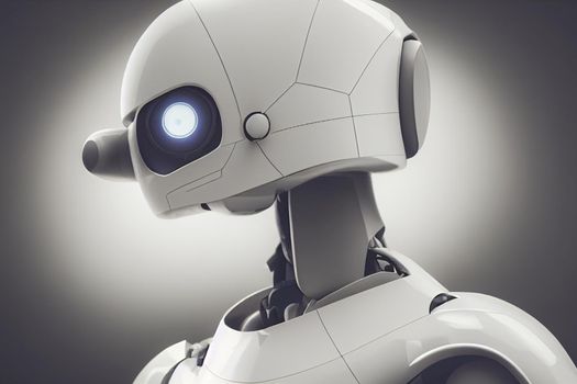 3D rendering humanoid artificial intelligence robot thinking or analyze information data in concept of artificial intelligence by machine learning process for 4th fourth industrial revolution.