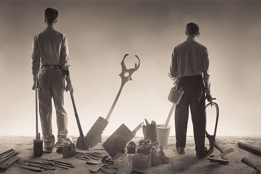 3d render attractive man in work clothes, holding tools in his hands. View from the back of the concept of Labor Day.