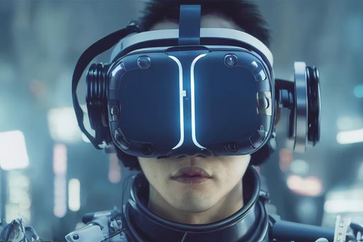 3d render portrait of young cyber wears science fiction metal virtual reality glasses. Cyberspace Augmented Reality, futuristic vision.