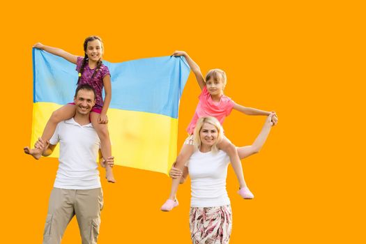 family with Ukrainian flag. Support Ukraine