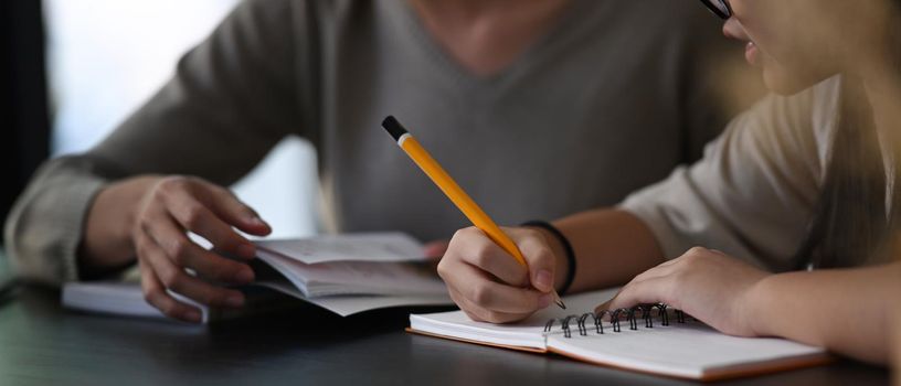 Female private tutor helping young student doing homework . Tutorial and educational concept.