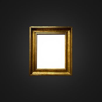 Antique art fair gallery frame on royal black wall at auction house or museum exhibition, blank template with empty white copyspace for mockup design, artwork concept