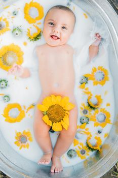 Cute little baby boy portrait in milk bath with sunflowers. Healthy lifestyle. child in summer garden, nature concept