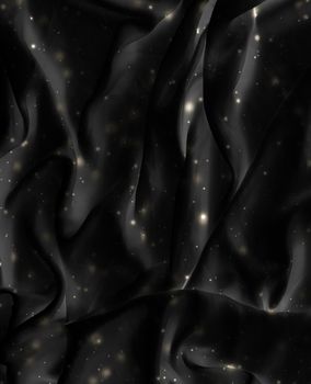 Winter fashion, shiny fabric and night party style concept - Magic holiday black silk flatlay background texture with golden shine, luxury glamour abstract backdrop