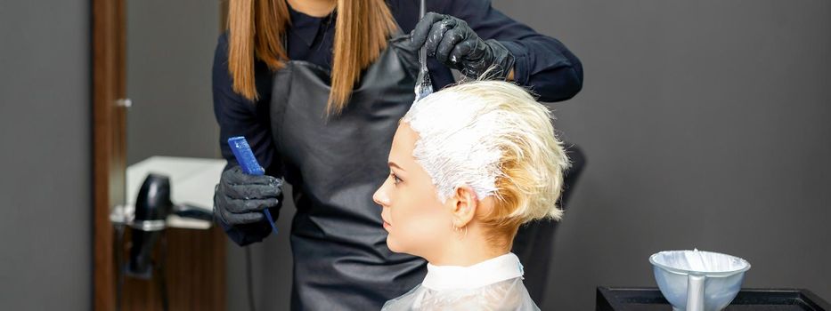 Female hairdressers dyeing hair of young caucasian woman in hair salon
