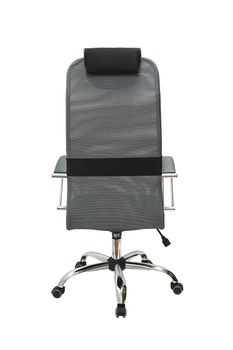 gray office fabric armchair on wheels isolated on white background, back view. modern furniture, interior, home design