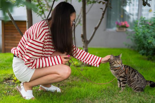 Young woman walking a tabby cat outdoors