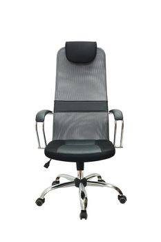 gray office fabric armchair on wheels isolated on white background, front view. modern furniture, interior, home design