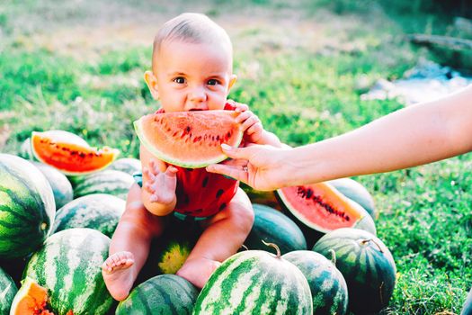 Happy little baby boy in funny costume sitting and eating slice of watermelon on field or garden. Happy Infant child smiling. Kid eat fruit outdoors