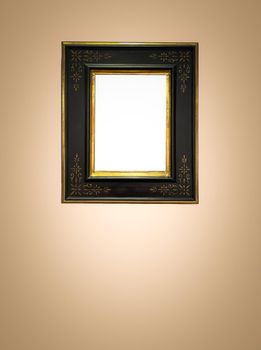 Antique art fair gallery frame on beige wall at auction house or museum exhibition, blank template with empty white copyspace for mockup design, artwork concept