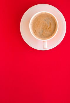 Breakfast, drinks and modern lifestyle concept - Hot aromatic coffee on red background, flatlay