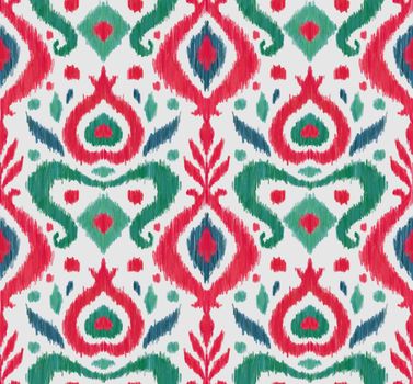 Ikat traditional folk textile pattern. Tribal ethnic hand drawn texture. Seamless background in Aztec, Indian, Scandinavian, Gypsy, or Mexican style. Raster illustration.