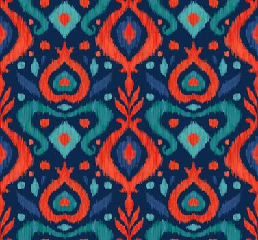 Ikat traditional folk textile pattern. Tribal ethnic hand drawn texture. Seamless background in Aztec, Indian, Scandinavian, Gypsy, or Mexican style. Raster illustration.