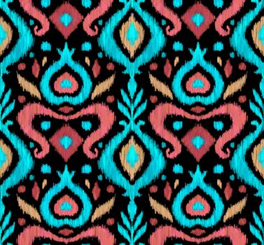 Ikat traditional folk textile pattern. Tribal ethnic hand drawn texture. Seamless background in Aztec, Indian, Scandinavian, Gypsy, or Mexican style. Raster illustration.