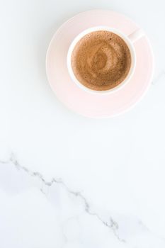 Breakfast, drinks and modern lifestyle concept - Hot aromatic coffee on marble, flatlay