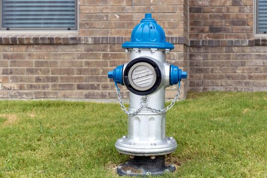 Grey and blue fire hydrant on the grass int he yard in residential complex with brick wall of the building on background
