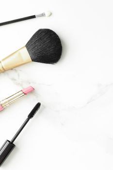 Make-up and cosmetics products on marble, flatlay background - modern feminine lifestyle, beauty blog and fashion inspiration concept