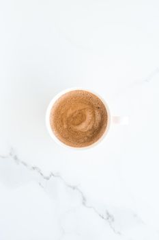 Breakfast, drinks and modern lifestyle concept - Hot aromatic coffee on marble, flatlay