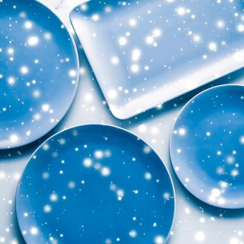 Recipe design, restaurant menu and festive decor concept - Blue empty plate on marble table flatlay background, tableware decoration for holiday dinner in Christmas time