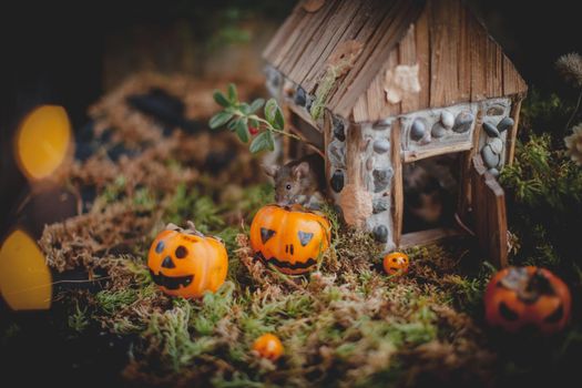 Pretty domestic mice on Haloween costume party with pupmpkins