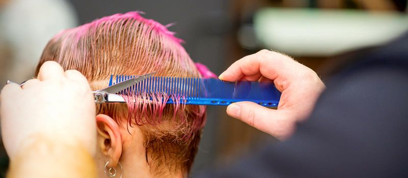 Young caucasian woman with pink hair getting a short haircut by a male hairdresser's hands in a hairdressing salon