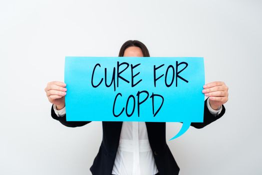 Conceptual display Cure For Copd, Internet Concept Medical treatment over Chronic Obstructive Pulmonary Disease Three Business People Presenting Important Informations In Frame.