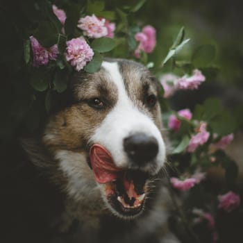 Mixed breed dog sitting in a garden with roses