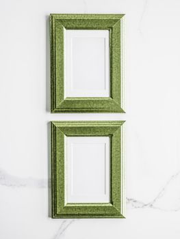 Modern feminine, artwork mock up, luxury design concept. Decorate with chic and style - Green photo frame on marble, flatlay