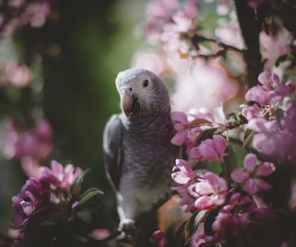 African Grey Parrot, Psittacus erithacus timneh, on the apple tree in spring garden