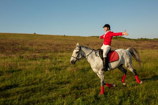 The sportswoman on a horse. The horsewoman on a red horse. Equestrianism. Horse riding racing. Rider on a horse.