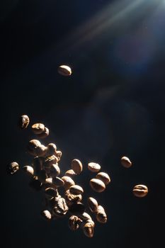 Pile coffee beans isolated on black background and texture, top view